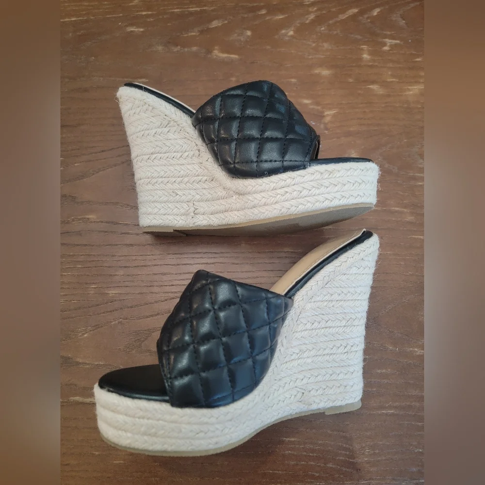 SHEIN Black Quilted Espadrille Wedge Slides